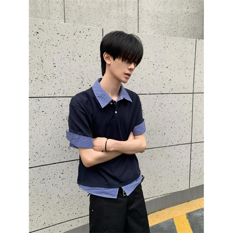 网图有货夏季美式藏青色假两件格子拼接polo领短袖男女A600-P40,男装T恤,星座1505