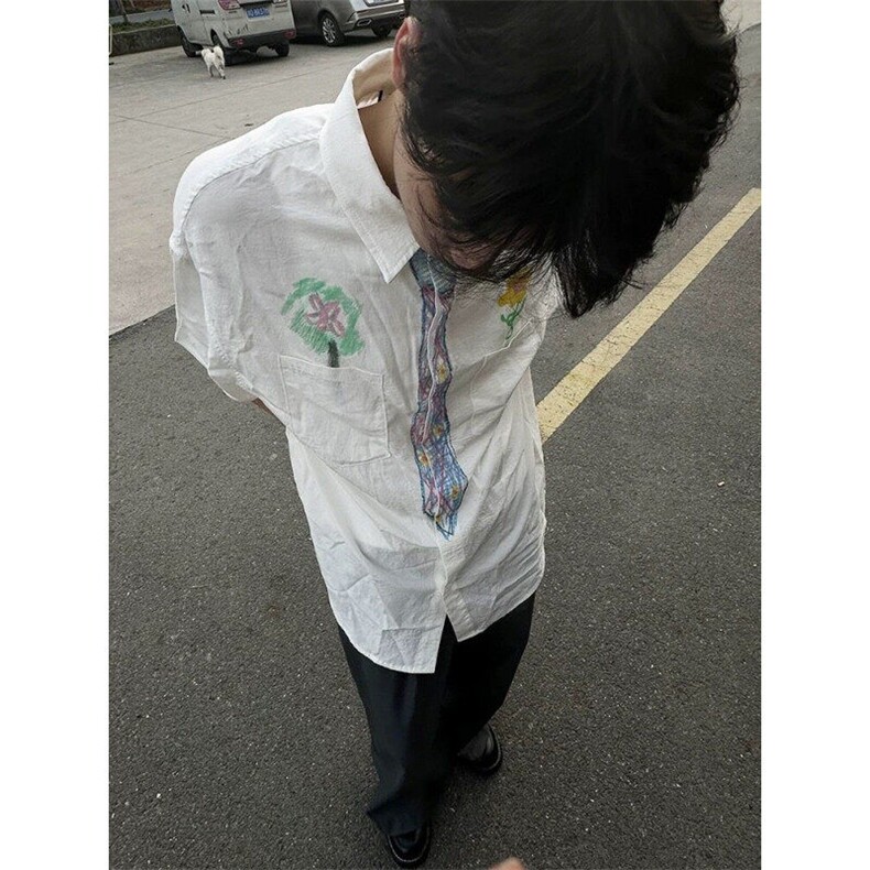 创意趣味蜡笔手绘涂鸦领带短袖衬衫少年感衬衣夏季新DX9957P45,男装衬衫,电商D256-1(原A064-1)