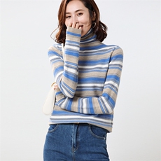 秋季修身显瘦百搭女仿羊毛彩条堆堆领套头衫，女装针织衫/毛衣，思牵羊绒