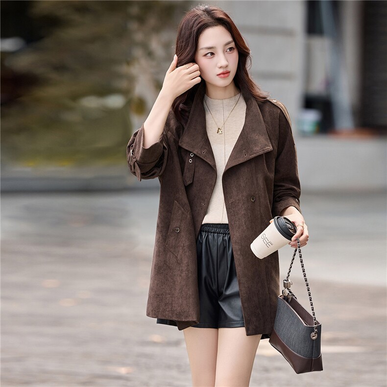 鹿皮绒外套女2025秋季新款宽松休闲风衣高级感杭州意法中长款大衣,女装风衣,浙宝029