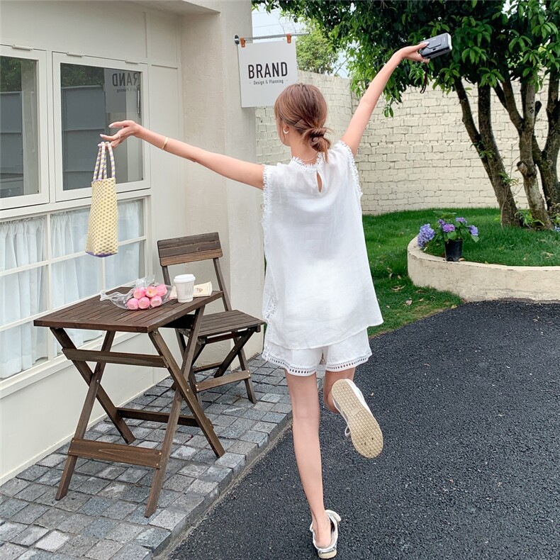 白色蕾丝拼接无袖上衣套装女2025年夏季新款高级感休闲短裤两件套,女装套装/套裙,浙宝217