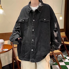 新款破洞牛仔外套男春秋季胖子大码休闲上衣港风工装夹克W153，男装夹克，星座1116A-1（原606A）