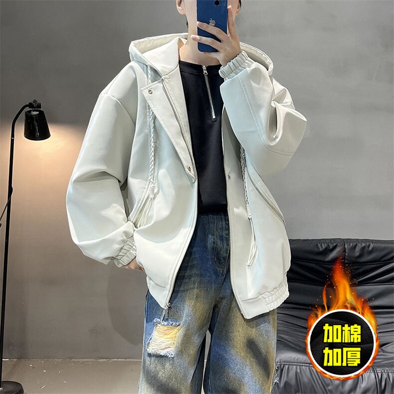现货高品质美式高街重磅座山雕连帽pu皮棉衣男女加厚毛毛绒冬外套，男装皮衣，电商A486-1
