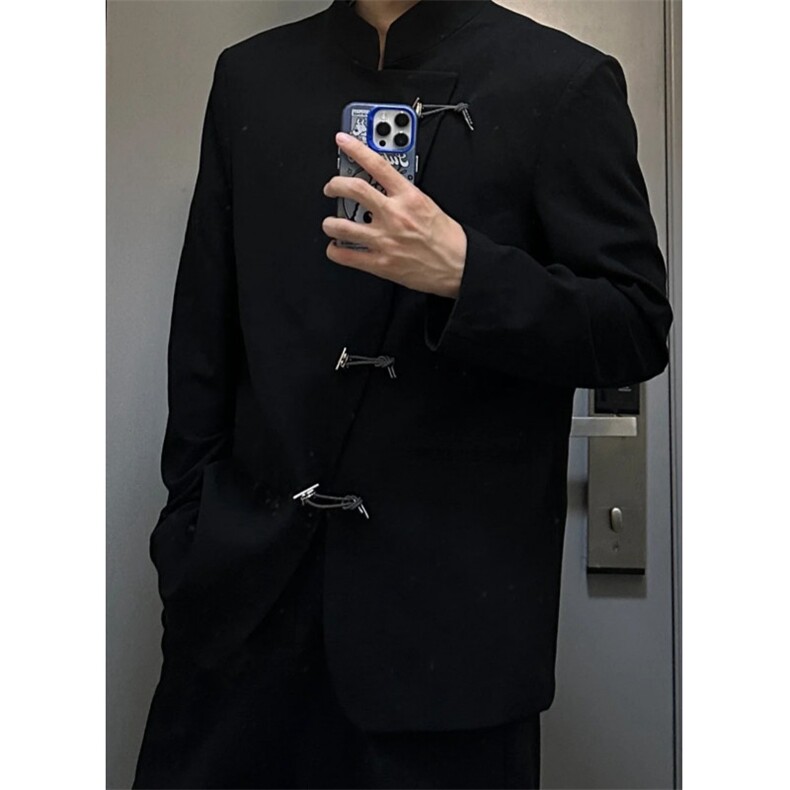 新中式男装风订婚黑色垫肩西装外套高级感立领中山装结婚西服，男装西服套装，星座601-1