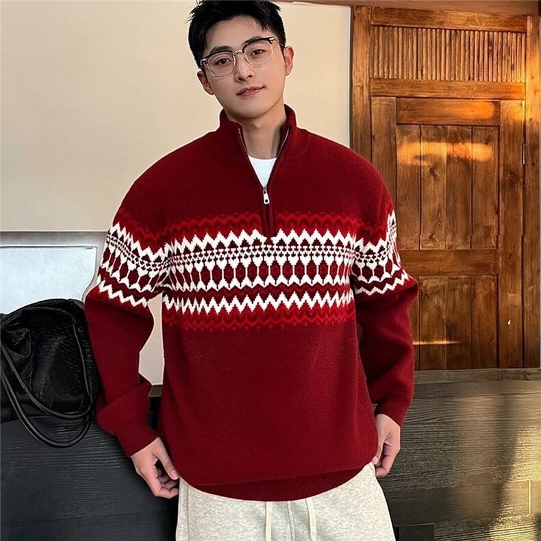 春秋季毛衣男士立领加厚加绒条纹宽松潮流上衣保暖针织打底衫男装,男装T恤,星座715-4