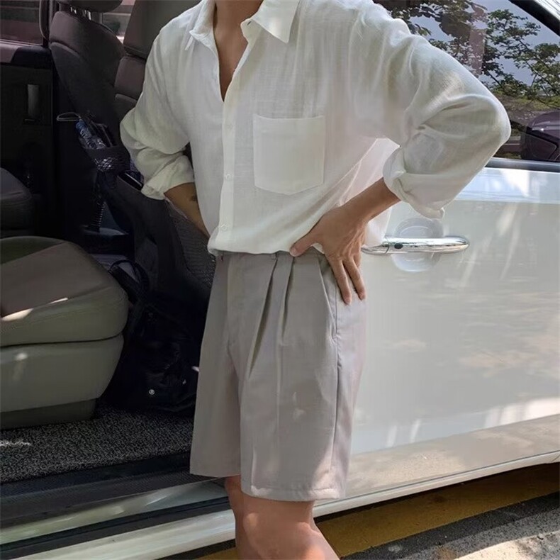 夏季衬衫男士长袖薄款清凉透气纯色衬衣韩系寸衫潮流高街图片