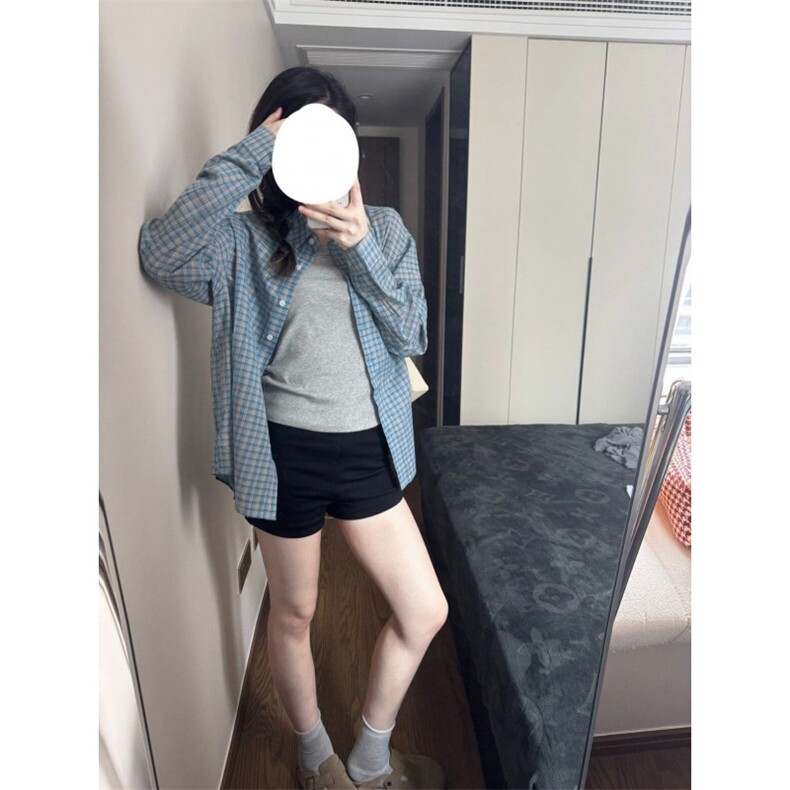 TC537-P45韩系蓝色格纹衬衫新款设计感宽松百搭衬衣气质chic上衣,女装衬衫,星座617A-2