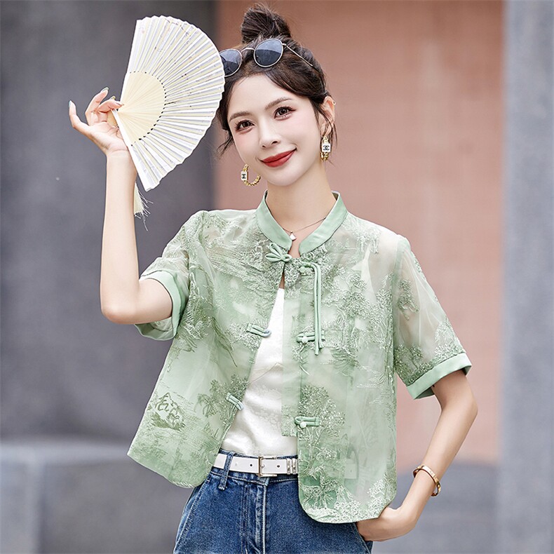 新中式国风刺绣短袖衬衫女夏季2024新款流行漂亮薄款防晒开衫上衣,女装短外套,伊仟回
