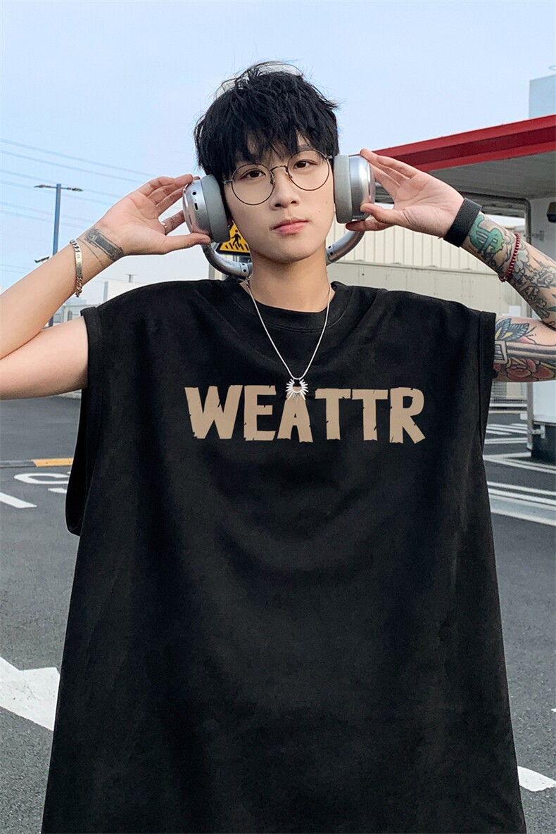 ！2025夏季新款男士无袖T恤字母印花麂皮绒背心TLBX22特P18,男装T恤,电商B220