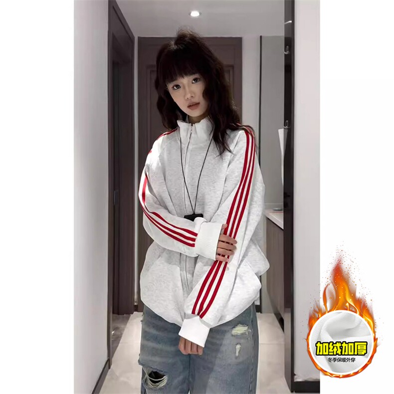 480G重磅加绒硬挺boxy男女秋冬美式高街三条杠立领卫衣开衫厚外套,女装短外套,电商A486