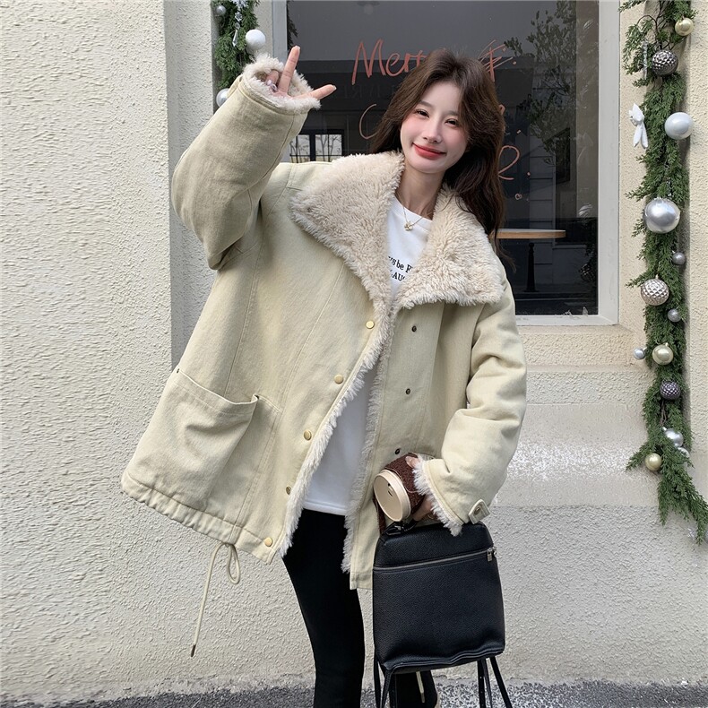 韩系羊羔毛外套女秋冬皮毛一体毛领保暖加厚立领派克服毛绒外套，女装棉衣/棉服，维壹