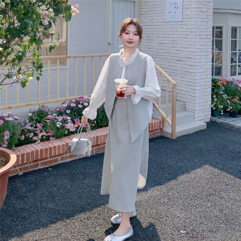 现货2D078-T1928-P185K268木耳边衬衫+马甲+半裙三件套装,女装套装/套裙,2D078
