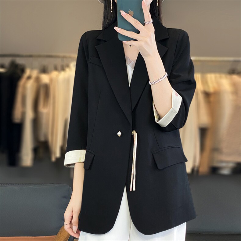 2024新中式复古国风西装外套女春夏季拼接上衣显瘦小个子盘扣西服,女装西装,朝贺羊绒