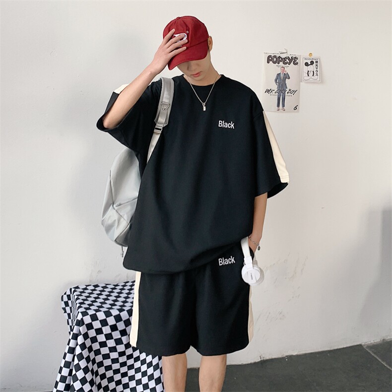 2026夏装华夫格拼接绣花休闲运动套装五分短裤TZ808/P65黑，男装休闲套装，电商A094