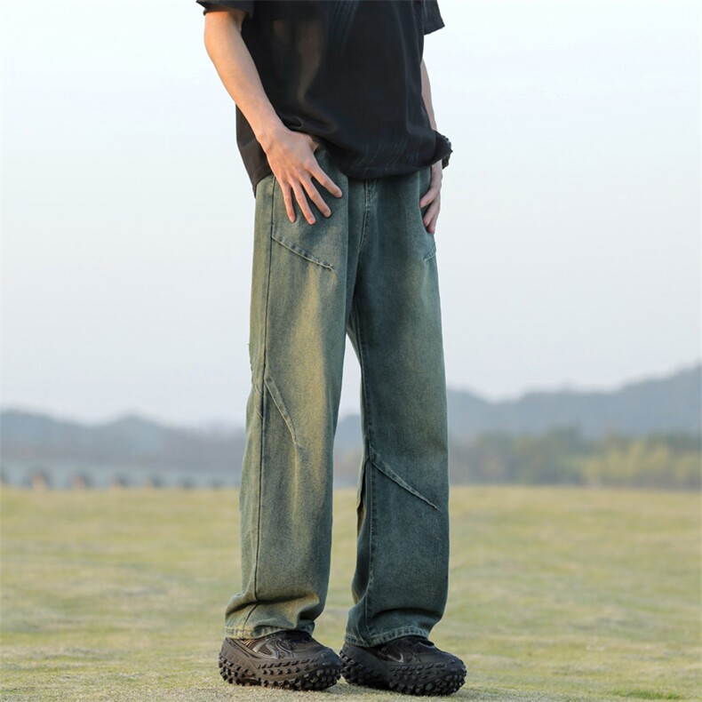 美式高街潮流水洗牛仔裤宽松设计感宽松长裤子K780特批42,男装牛仔裤,星座718-1