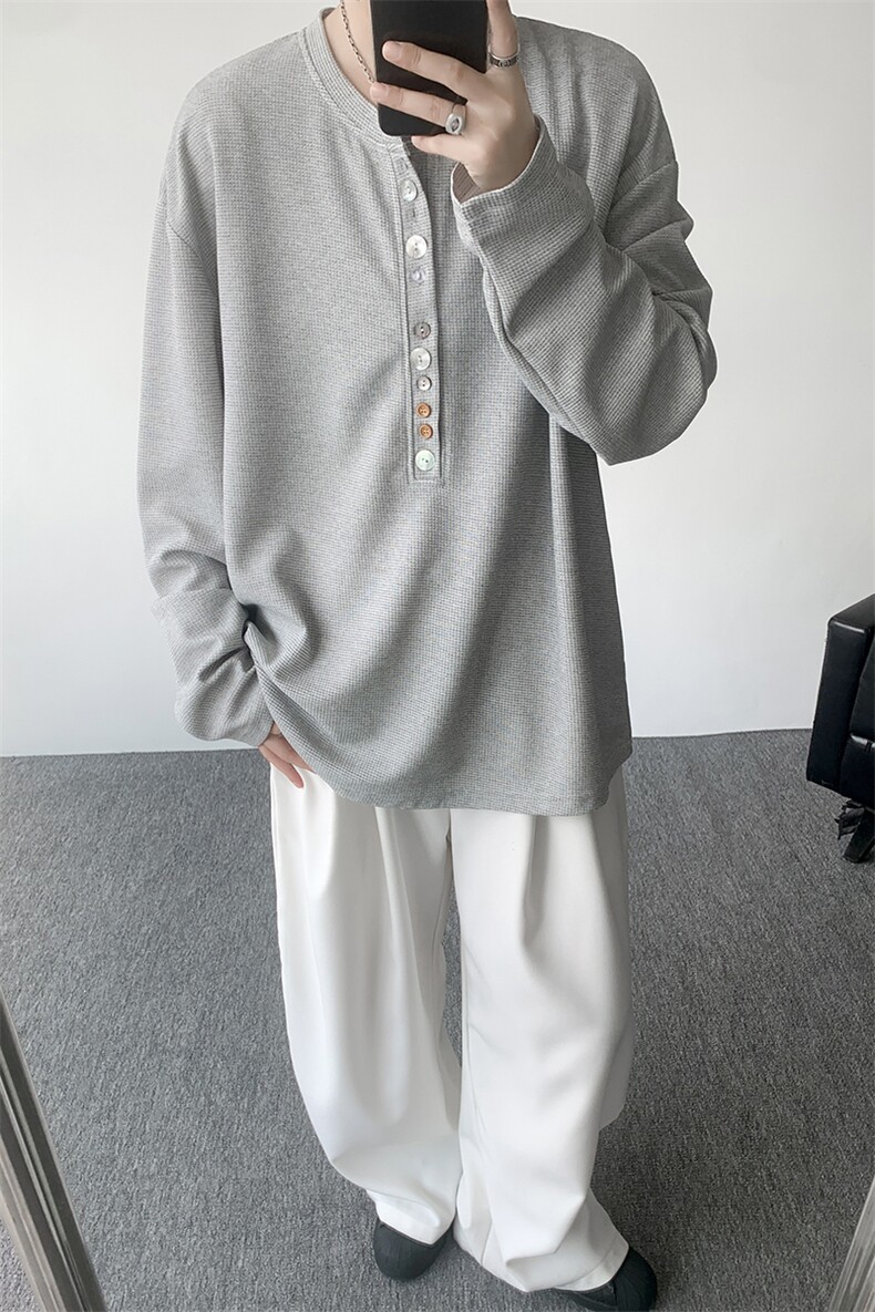 8XL-M慵懒肌理感华夫格廓形云母贝纽扣长袖T恤打底长袖CX3006P48,男装T恤,电商D206-1