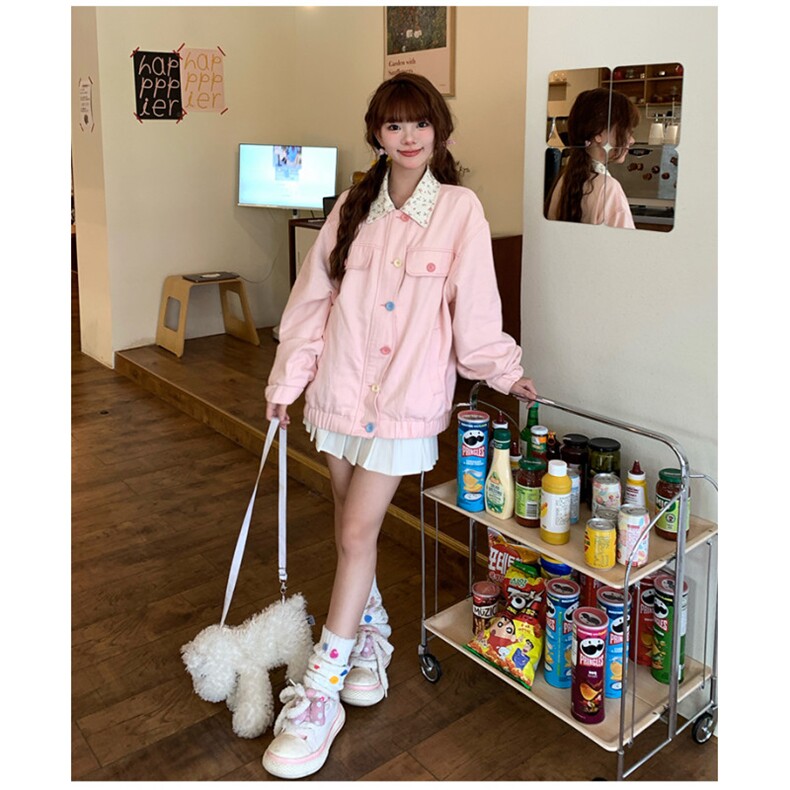 F241012-P88多巴胺韩系粉色夹克外套翻领拼色印花宽松棒球服上衣,女装短外套,星座617A-2