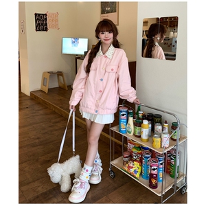 F241012-P88 多巴胺韩系粉色夹克外套翻领拼色印花宽松棒球服上衣图片