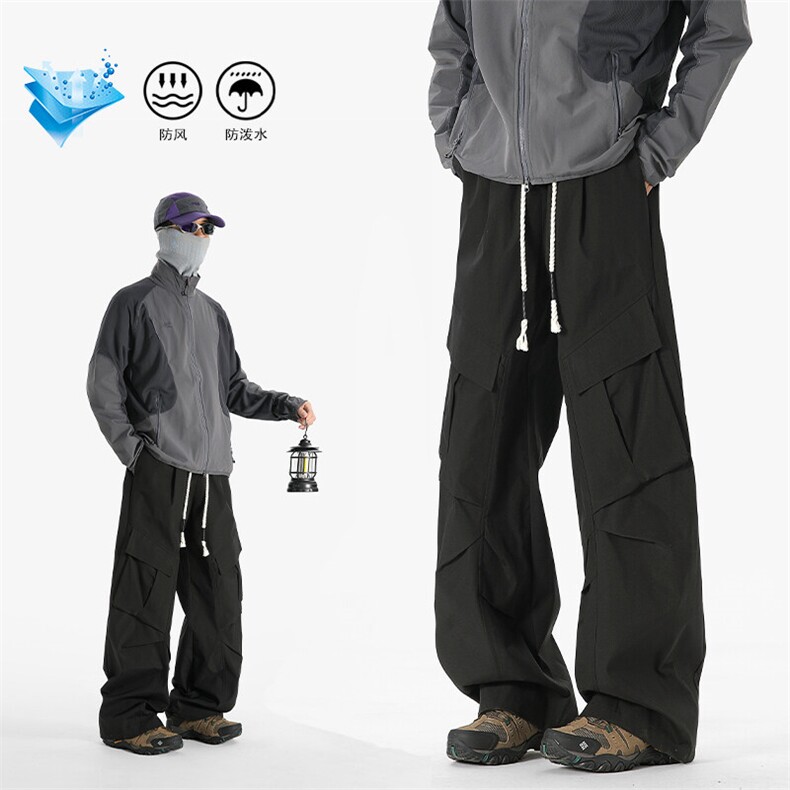 特批P33无差价秋季痞帅褶皱侧边大口袋工装裤防水宽松冲锋裤K5716，男装工装外套，电商A001