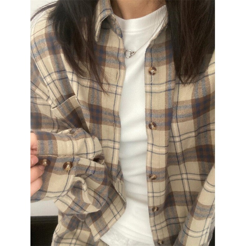 格子衬衫女内搭叠穿春秋薄外套长袖上衣格子衫复古衬衣秋CA228,男装衬衫,星座1116A（原606A-3）