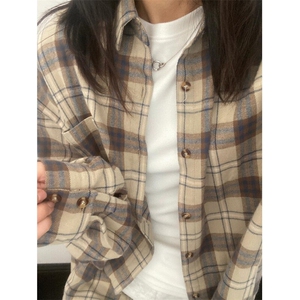 格子衬衫女内搭叠穿春秋薄外套长袖上衣格子衫复古衬衣秋CA228