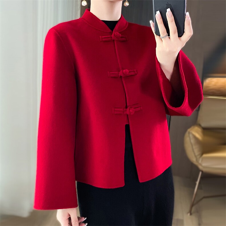 2025秋冬新款双面羊绒大衣女短款立领复古盘扣小个子外套,女装双面呢大衣,乾庄羊绒