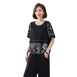 现货2022夏季新款时尚简约针织拼接雪纺休闲套装两件套图片
