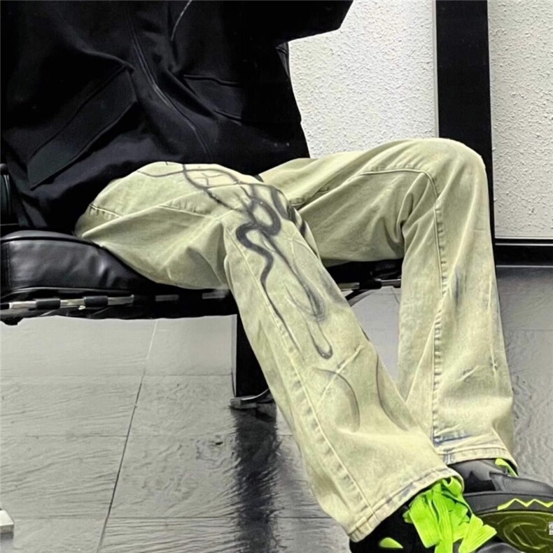 美式高街水洗做旧复古微喇牛仔裤男款火焰残影牛仔裤GT801-P48,男装牛仔裤,星座1001-1