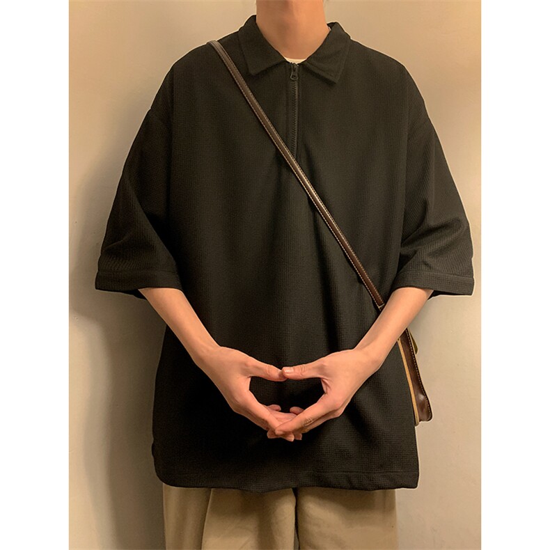 T6075/P25夏季华夫格polo衫T恤男大码宽松纯色简约上衣男装潮图片