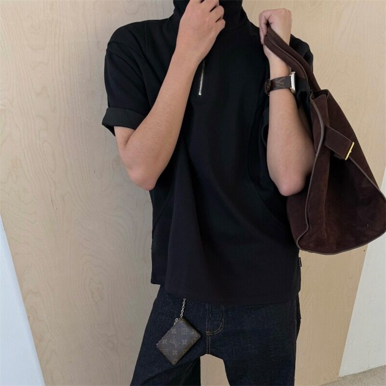 夏季美式复古拼接格子半拉链短袖t恤男女潮牌宽松休闲翻领polo衫图片