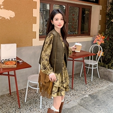 麂皮绒马甲连衣裙套装女春秋2025新款法式小个子浪漫碎花裙两件套，女装连衣裙，2C029