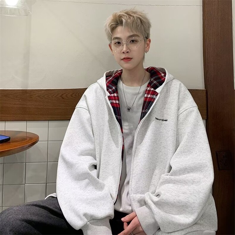 纯色拼接开衫卫衣男大码设计感外套拉链常规甜美宽松型连帽图片