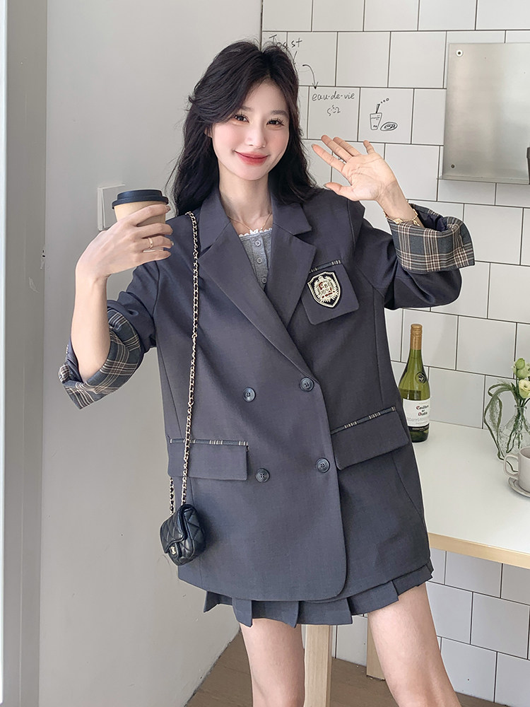 韩系学院风西装套装裙女2025春季新款格纹拼接西服百褶裙两件套裙,女装套装/套裙,韩蜜菓