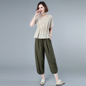 2025夏季新款中年妈妈小个子棉麻套装宽松休闲薄款洋气减龄两件套图片