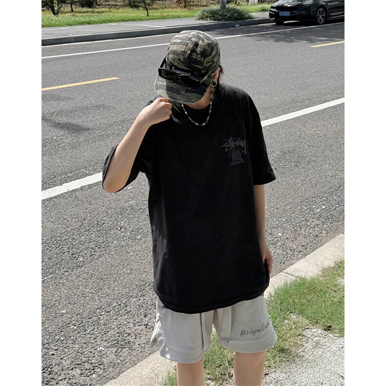 抖音得物 210克现货宽松纯棉美式潮牌印花落肩袖纯棉T恤AT21116图片