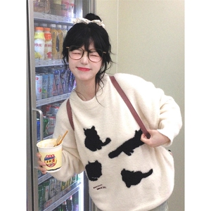 MM112-P65 猫咪毛衣秋冬外穿潮牌美式复古宽松慵懒针织衫情侣上衣图片