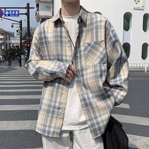 青少年港风文艺格子衬衫男长袖春秋季休闲复古衬衣外套 W1599-P30图片