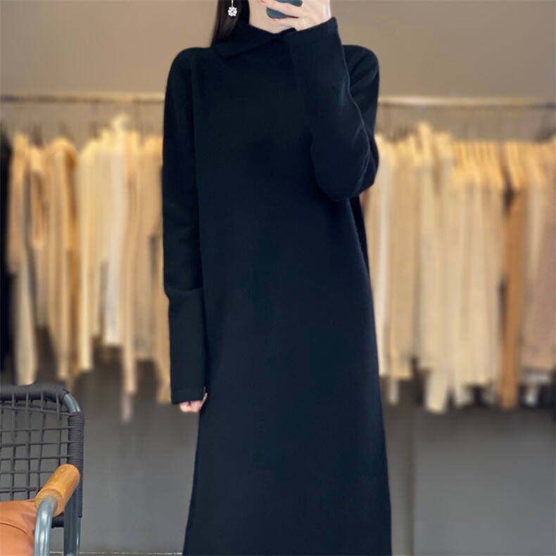 时尚紫色高领开叉长袖连衣裙显瘦修身毛衣裙优雅气质女装,女装连衣裙,宛庄羊绒
