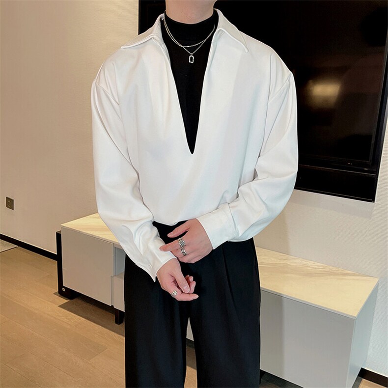 春季新款潮男拼接假两件宽松套头衬衣高级大V领长袖衬衫CS882P73，男装衬衫，电商B267