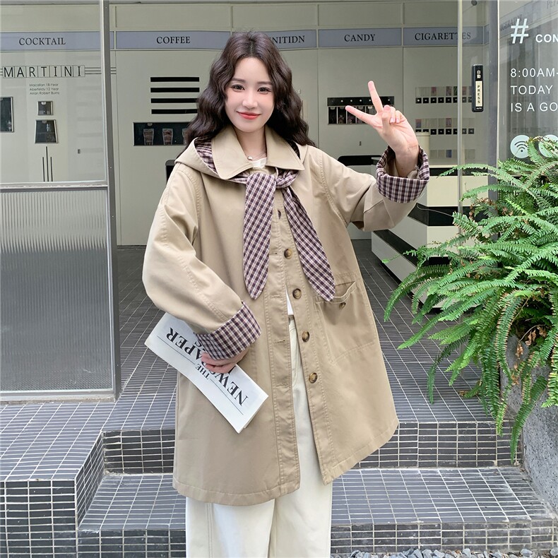 现货现货！！格纹撞色风衣2025秋季新款洋气减龄外套帽子可脱卸,女装风衣,2C306