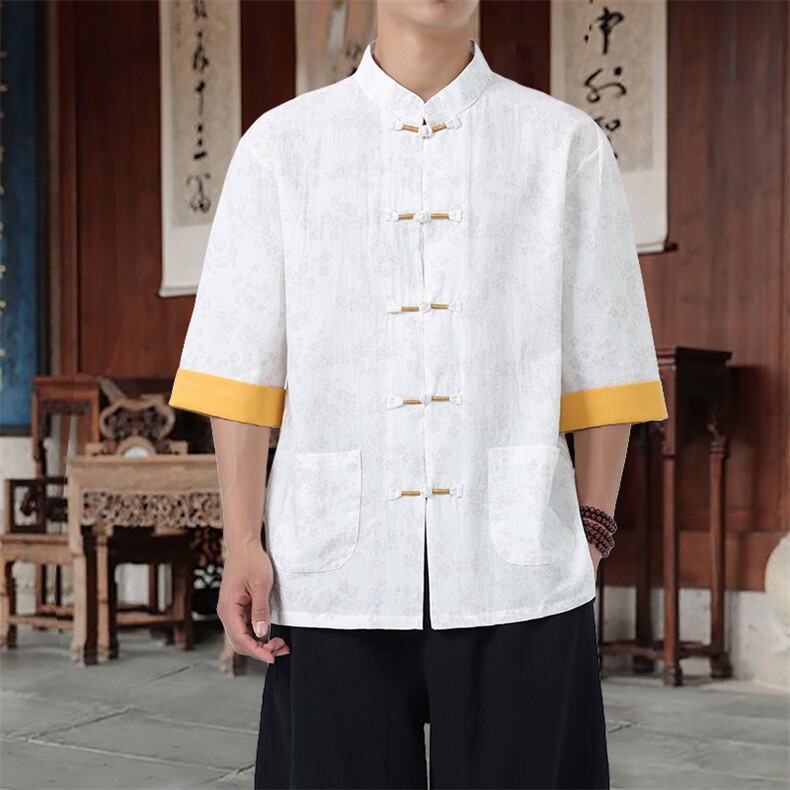 男士衬衫五分袖衬衣中袖印花立领唐装风 XZ1512-2551-P45图片