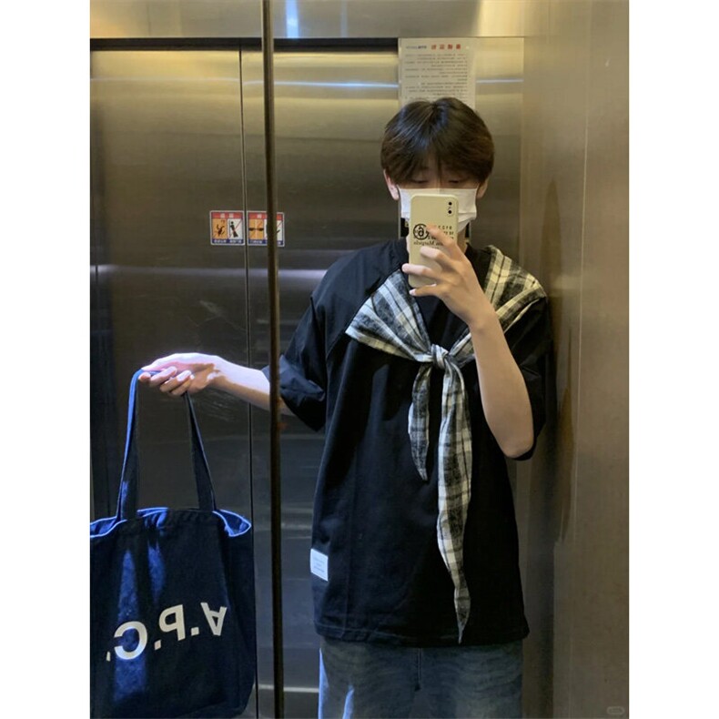 【有货】PX01LL-特P38格子拼接蝴蝶结短袖t恤男女,男装T恤,星座1007（原301D）