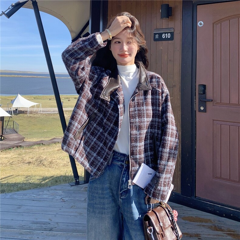 美式复古格纹毛呢外套女2025年秋冬超火好看高级小众加厚夹克上衣,女装短外套,2B237