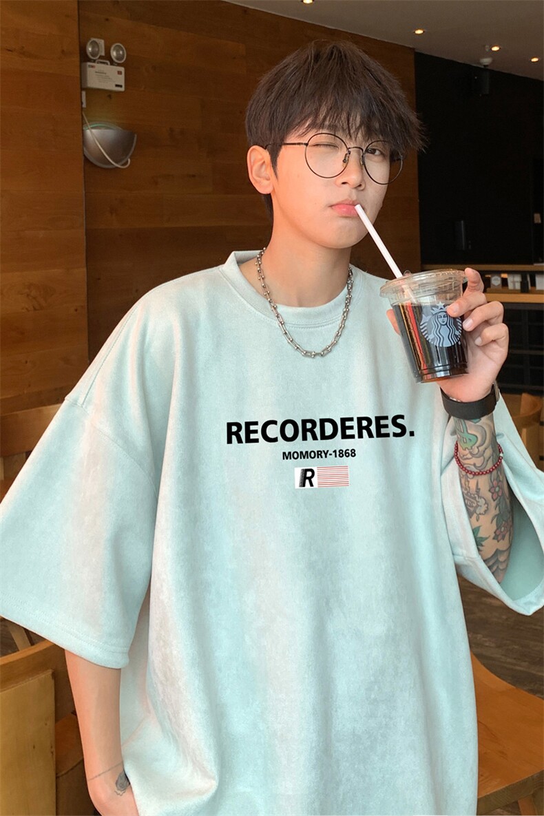 ！2025夏季新款男士鹿皮绒印花短袖T恤情侣半袖TL2418特P19,男装T恤,电商B220