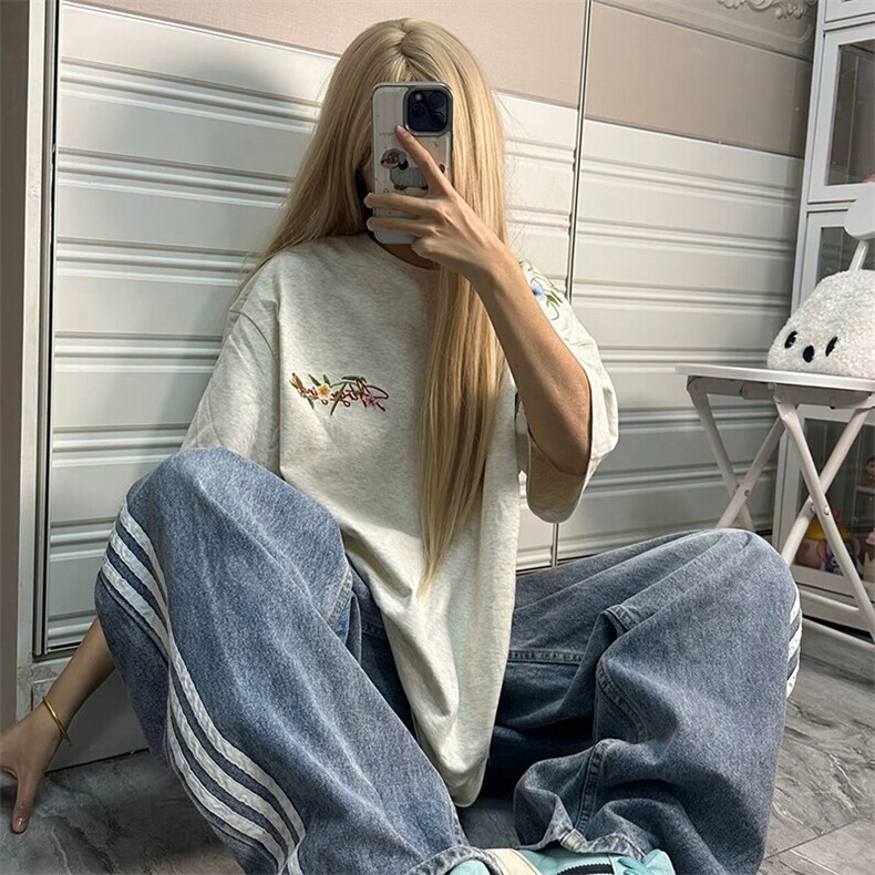 万针全刺绣工艺抖音得物高品质260克重磅纯棉双纱美式高街短袖T恤,男装T恤,电商A486-1