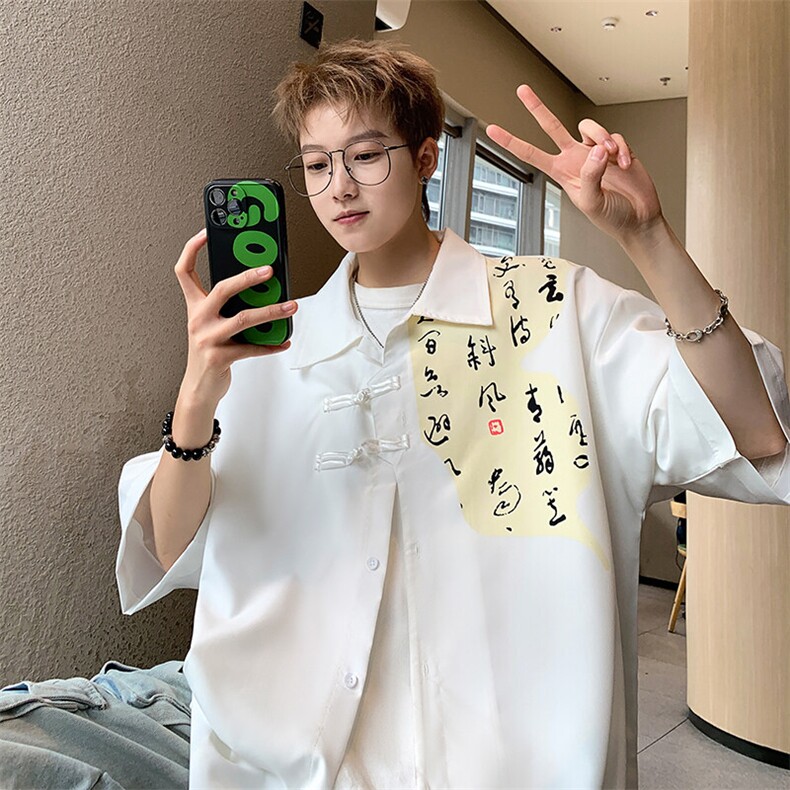 2026夏装潮男新中式印花盘扣短袖五分袖衬衫 CS980/特P35 白色3图片
