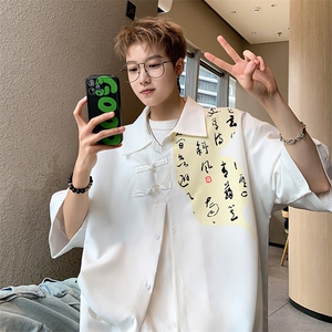2026夏装潮男新中式印花盘扣短袖五分袖衬衫 CS980/特P35 白色3图片