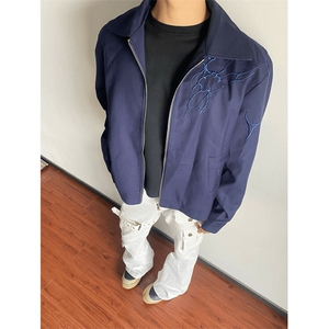 网图 自制闪电纹刺绣夹克翻领外套男高街棒球服长袖夹克 A768-P60图片