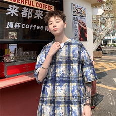2026夏装美式扎染印花冰丝冰凉格子男五分袖T恤T5508/特P18蓝，男装T恤，电商A094
