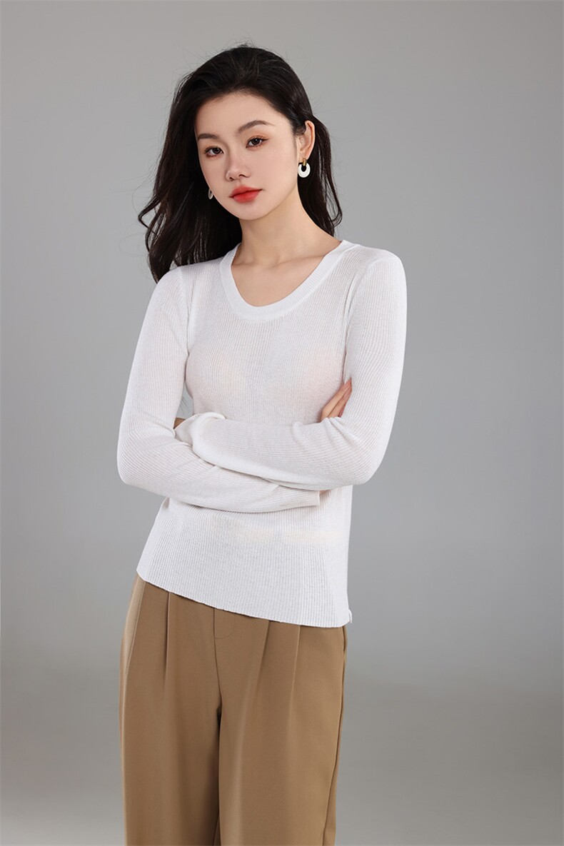 女士秋季新款修身显瘦U型领针织打底衫时尚百搭长袖毛衣,针织衫/毛衣,奢优羊绒